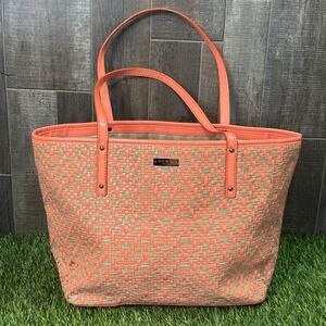 Kate Spade Woven Basket Tote Coral Peach Large Shoulder Bag Summer Beach